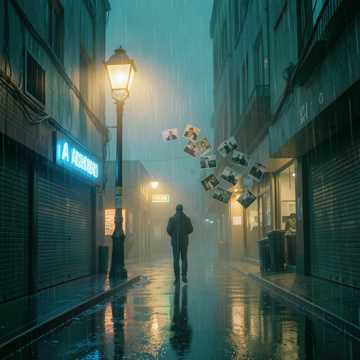雨丝打湿路灯
