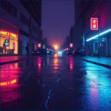 霓虹碎在雨地上