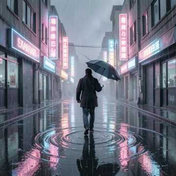 雨中人潮形单影孤