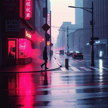 霓虹淋湿的鞋印