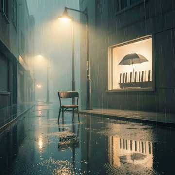雨丝落在空桌椅