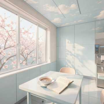 食堂窗边桃花开