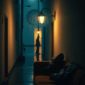 雨丝绕着灯