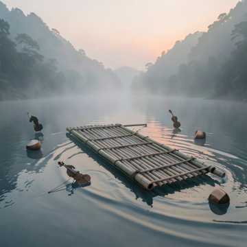 竹筏绳上的雾