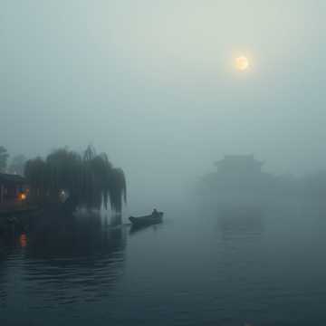 暮舟泊雾
