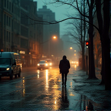雨丝浸透的街灯