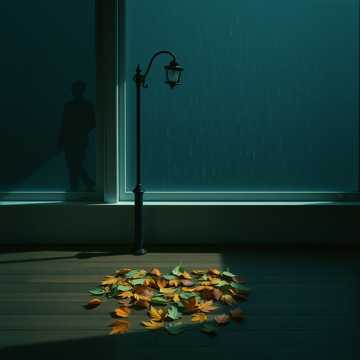雨丝压弯的街灯