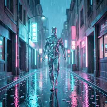 霓虹碎在人行道上