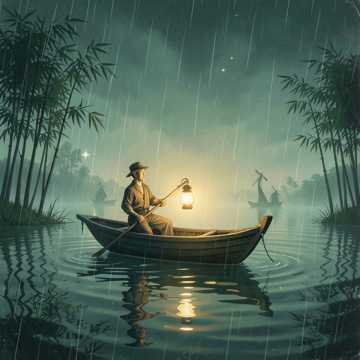 夜雨孤灯撑舟人